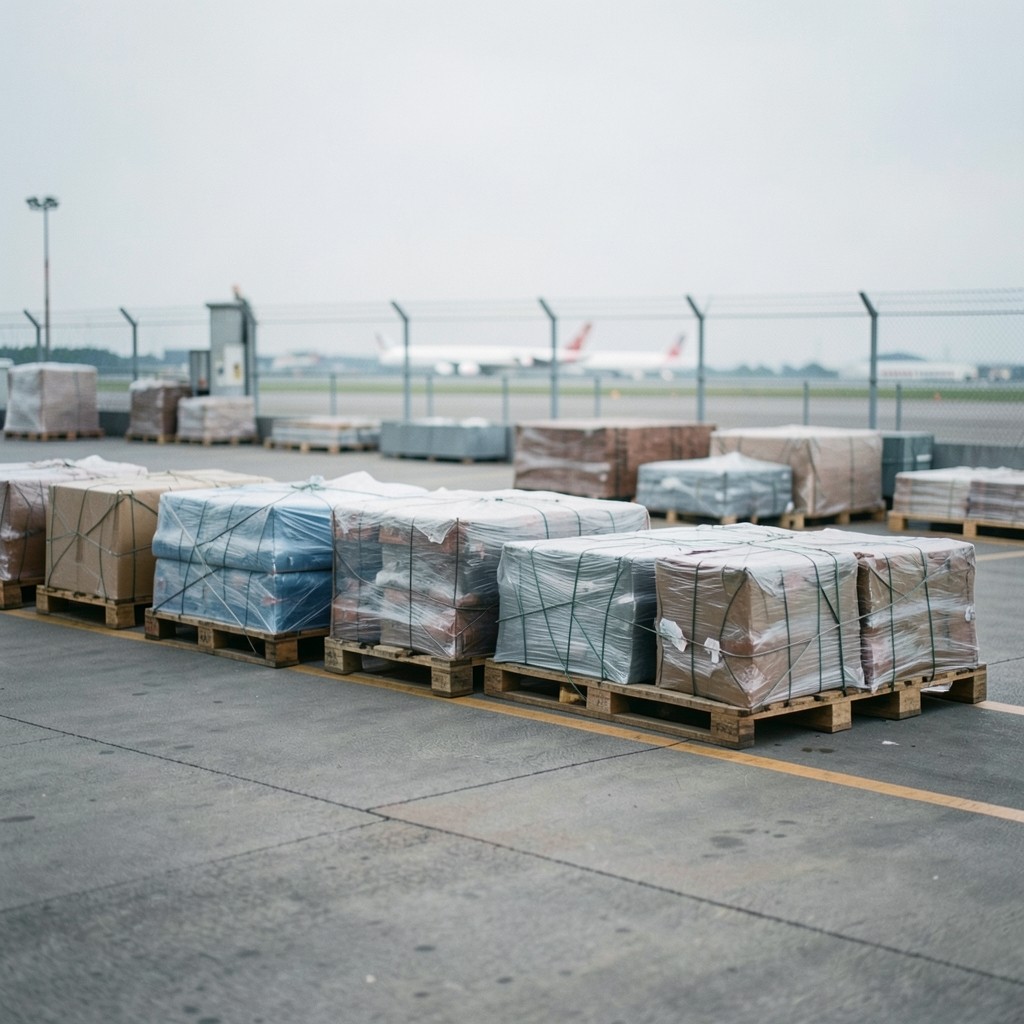 Air cargo pallets on a warehouse apron near airport fencing