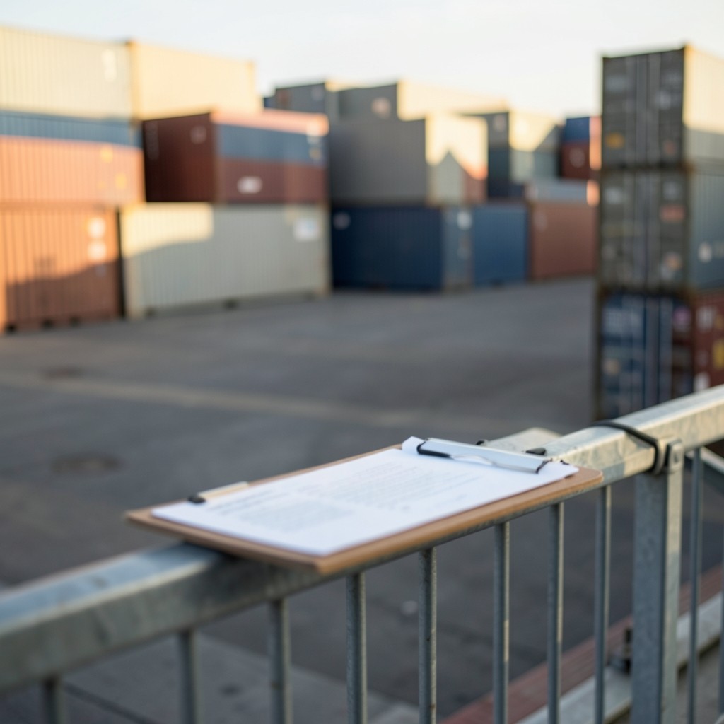 Container yard with stacked boxes and a time-sensitive cargo notice clipboard