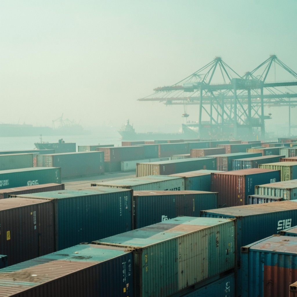 Shipping containers lined at a Thai port terminal under soft daylight