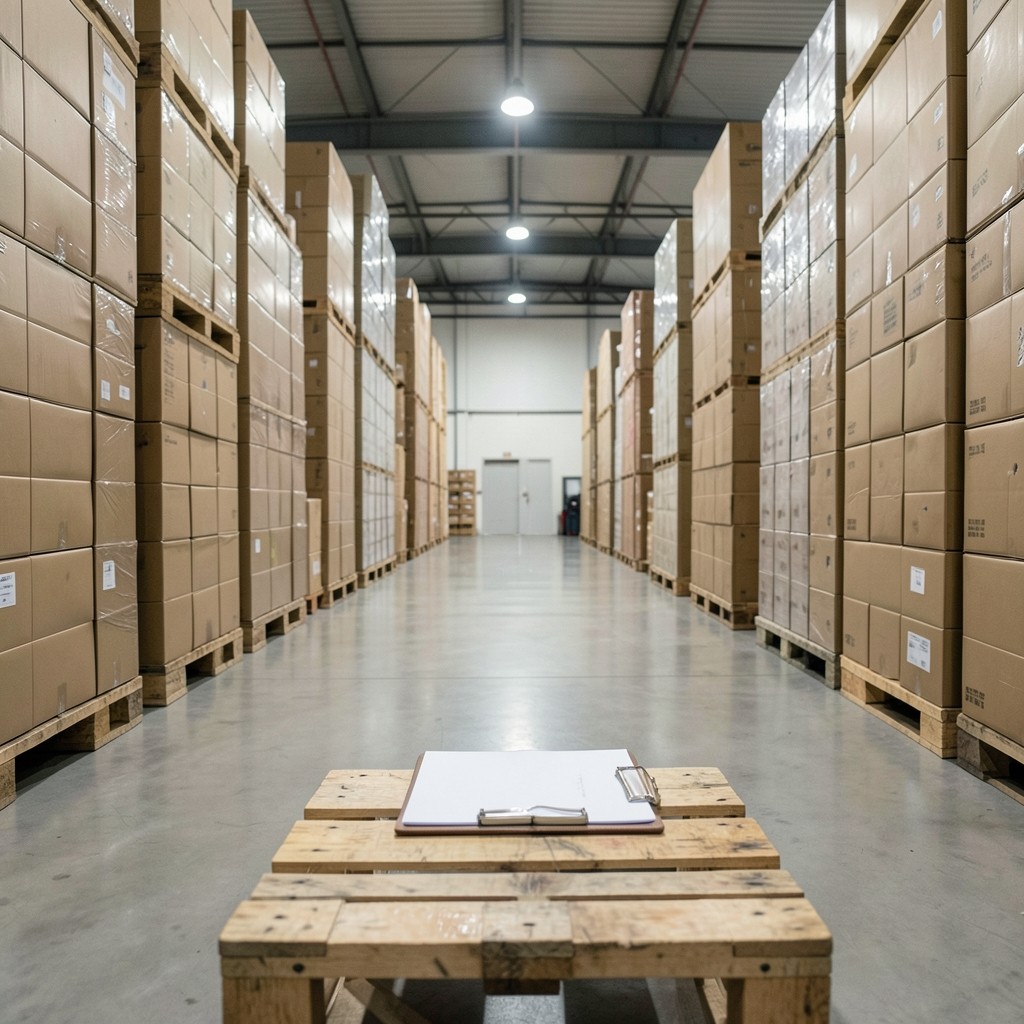 Warehouse aisle with palletised import goods and clipboard checklist